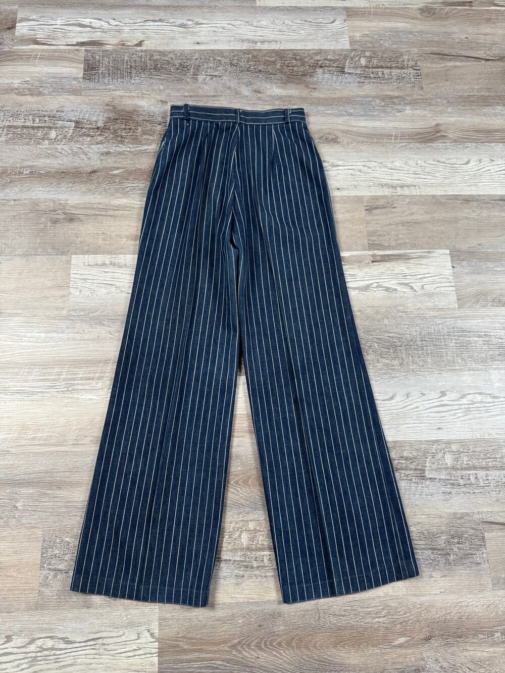 Vintage 70s Pinstripe Denim Wide Leg Trousers High Rise Dark Wash Jeans S